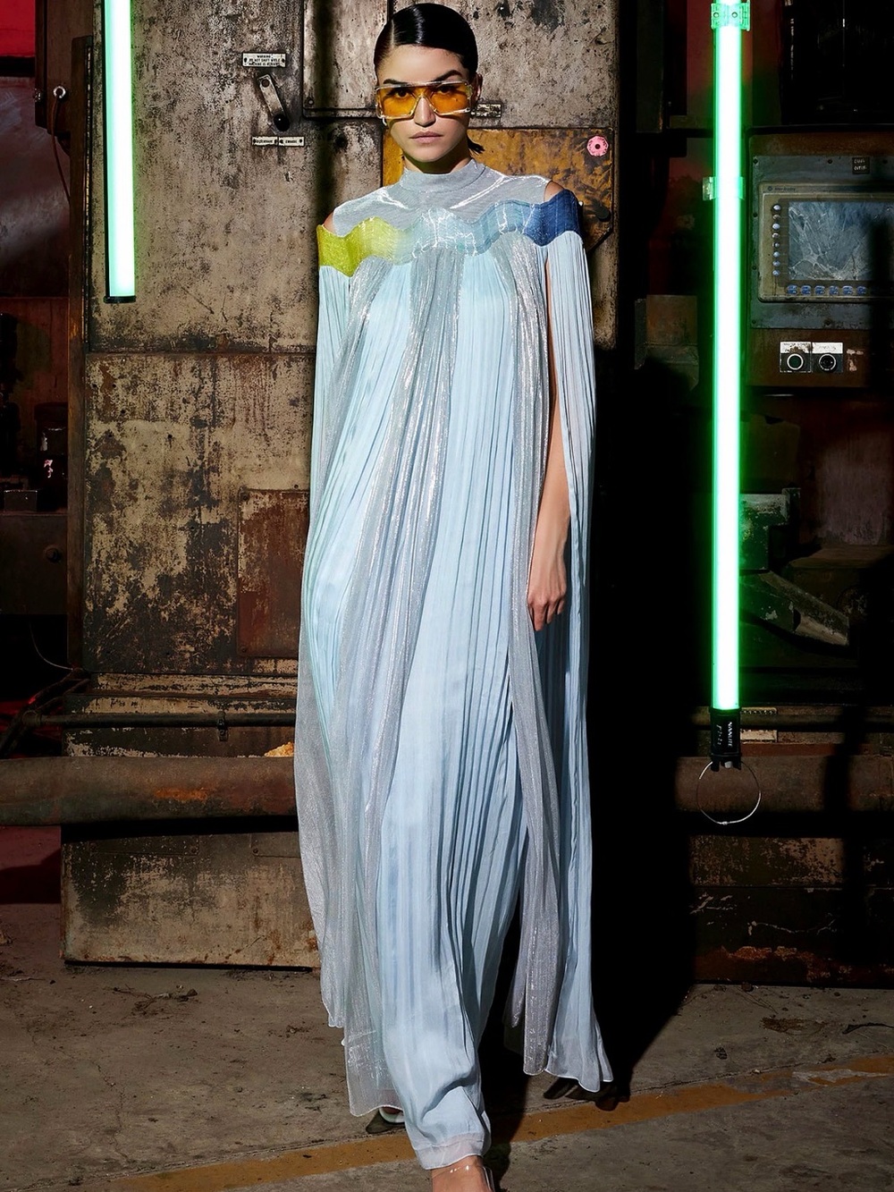 Light Blue Pleated Maxi Dress with Wave Accent